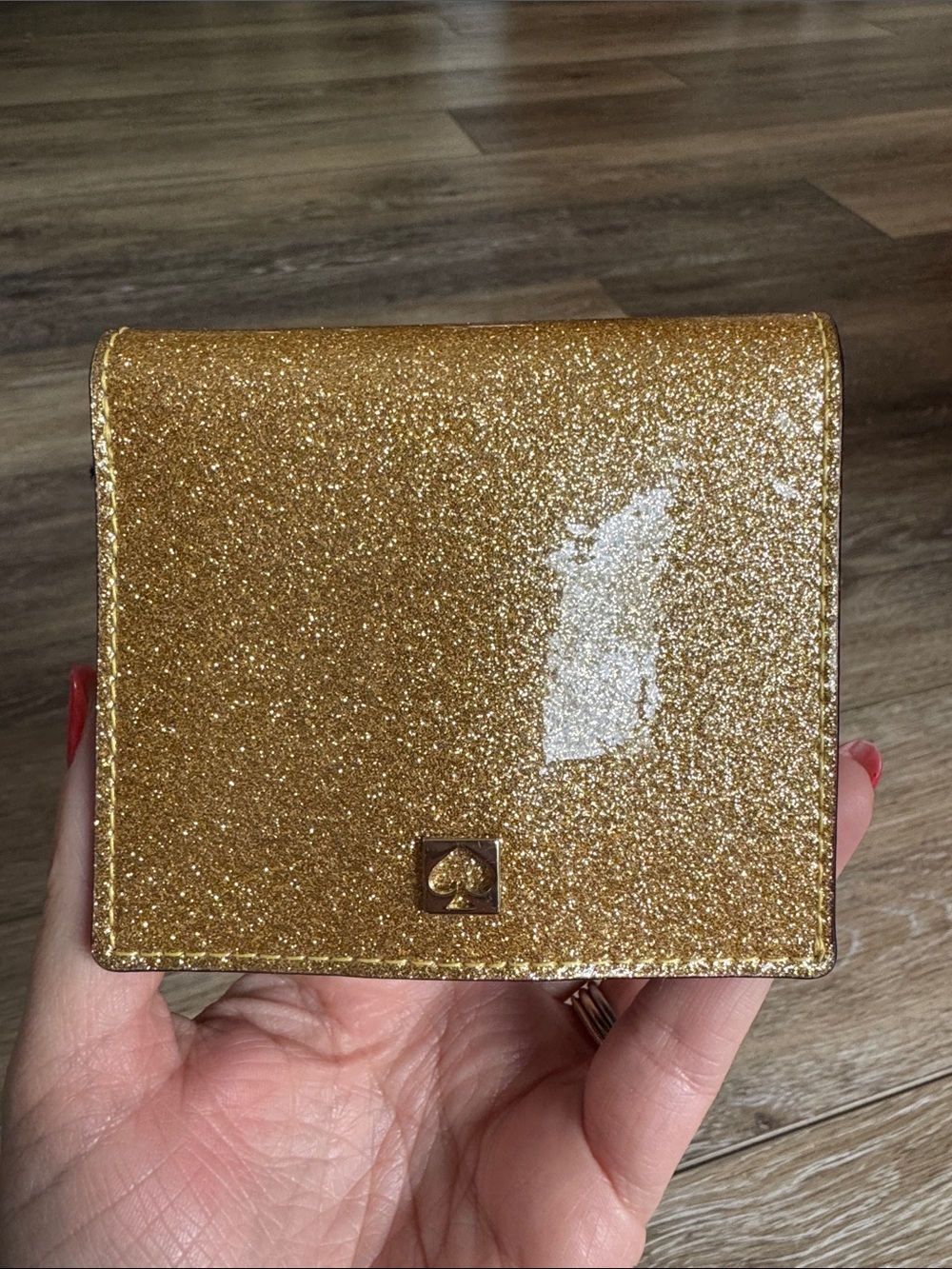 Kate Spade Mavis Street Serenade gold glitter compact wallet card case NWT